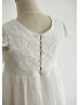 Cap Sleeves Ivory Lace Chiffon Knee Length Flower Girl Dress 